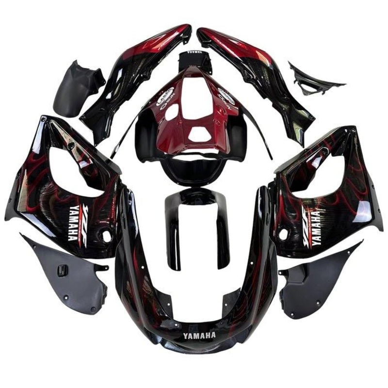 Yamaha YZF1000R (1996-2007) Black, Dark Red Flames Fairings Clear Windscreen: Free Bolt Kit: No