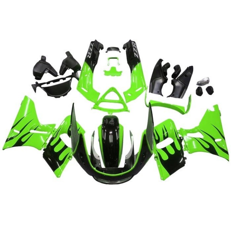 Fairings for Kawasaki ZZR400 (1993-2007) Green, Black Flames Clear Windscreen: Free No Bolt Kit