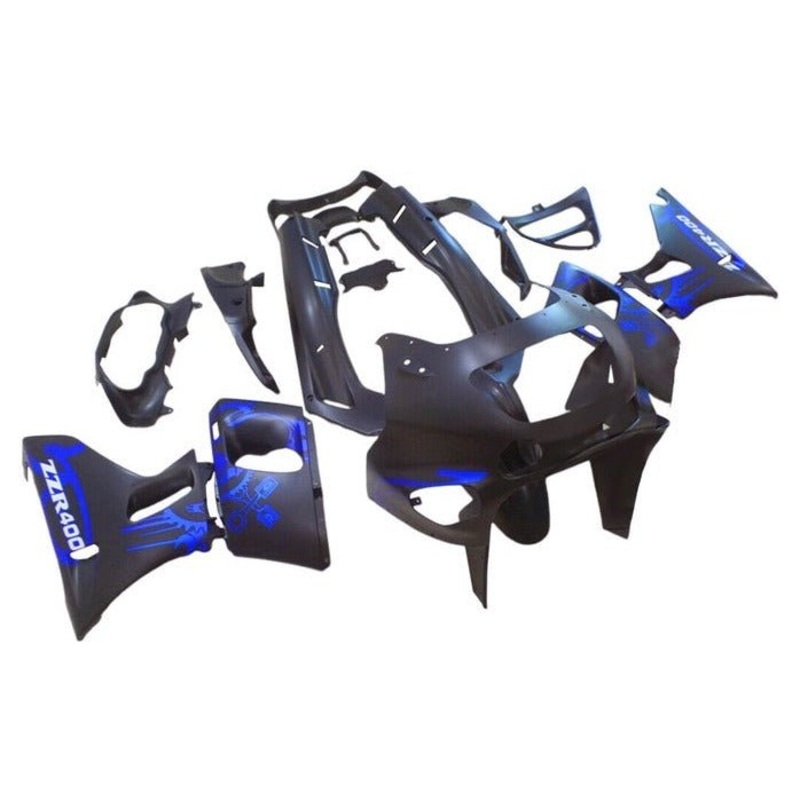 Fairings for Kawasaki ZZR400 (1993-2007) Matte Black, Blue Clear Windscreen: Free No Bolt Kit