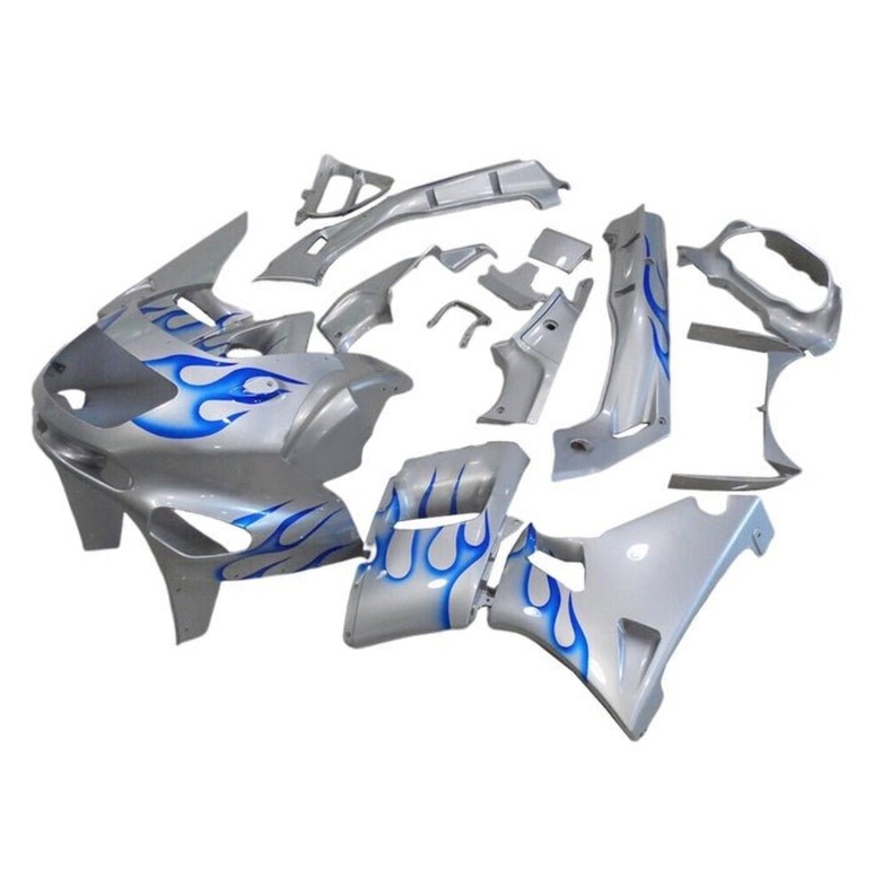 Fairings for Kawasaki ZZR400 (1993-2007) Pearl White, Blue Flames Clear Windscreen: Free No Bolt Kit