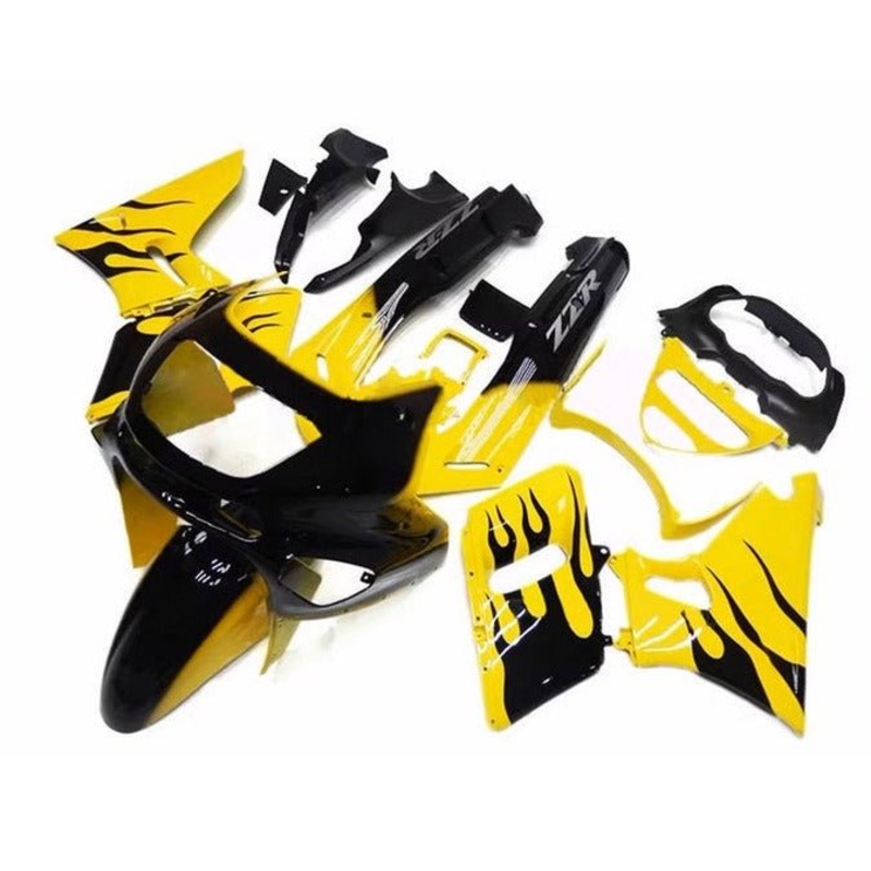 Fairings for Kawasaki ZZR400 (1993-2007) Yellow, Black Flames Clear Windscreen: Free No Bolt Kit