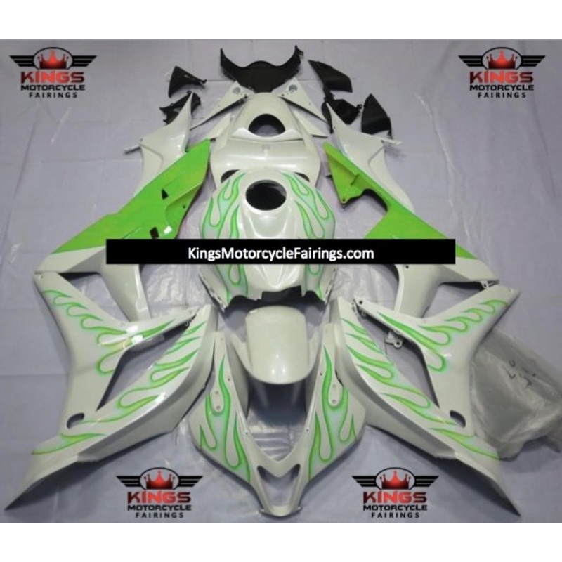 Honda CBR600RR (2007-2008) White & Green Flame Fairings No Seat Cowl No Bolt Kit No Tank