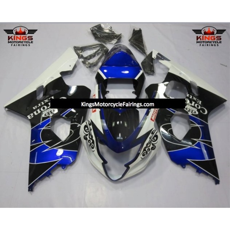 Suzuki GSXR750 (2004-2005) White, Black and Blue Tribal Corona Fairings No Seat Cowl No Bolt Kit No Tank