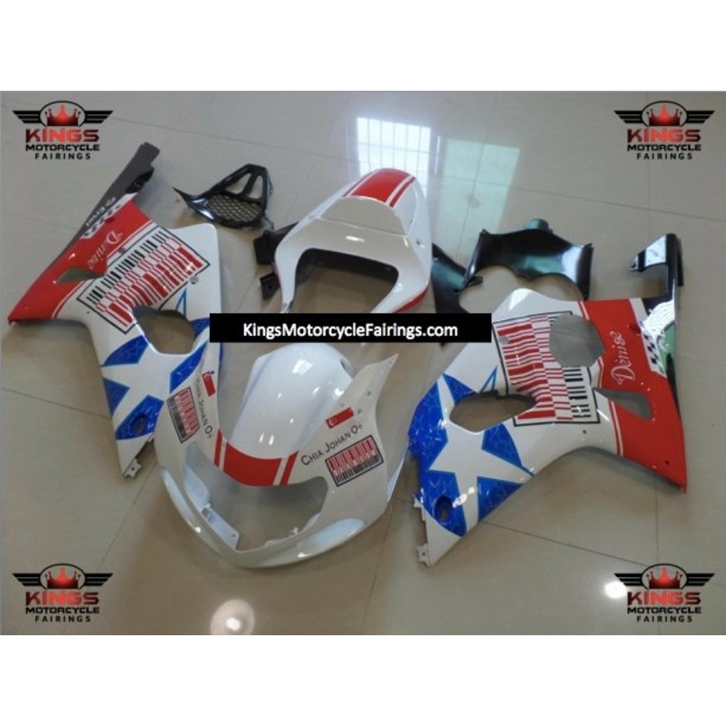 Suzuki GSXR1000 (2000-2002) White, Red & Blue Star Barcode Fairings No Seat Cowl No Bolt Kit No Tank Cover