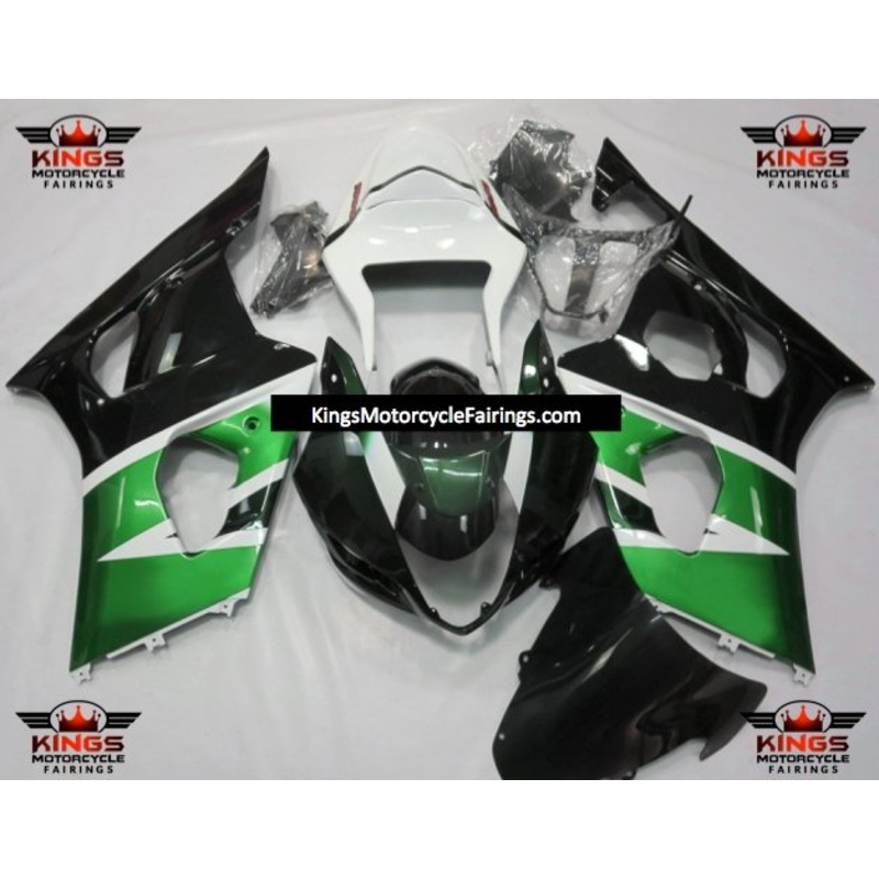 Suzuki GSXR1000 (2003-2004) Green, White, Dark Green & Black Fairings Clear Windscreen: Free No Seat Cowl No Bolt Kit