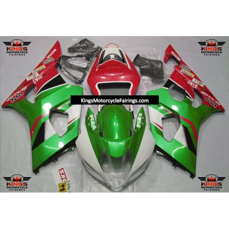 Suzuki GSXR1000 (2003-2004) Green, White & Red Fairings Clear Windscreen: Free No Seat Cowl No Bolt Kit