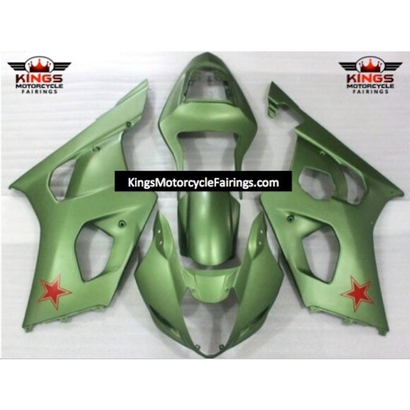 Suzuki GSXR1000 (2003-2004) Matte Green, Red Star Fairings Clear Windscreen: Free No Seat Cowl No Bolt Kit