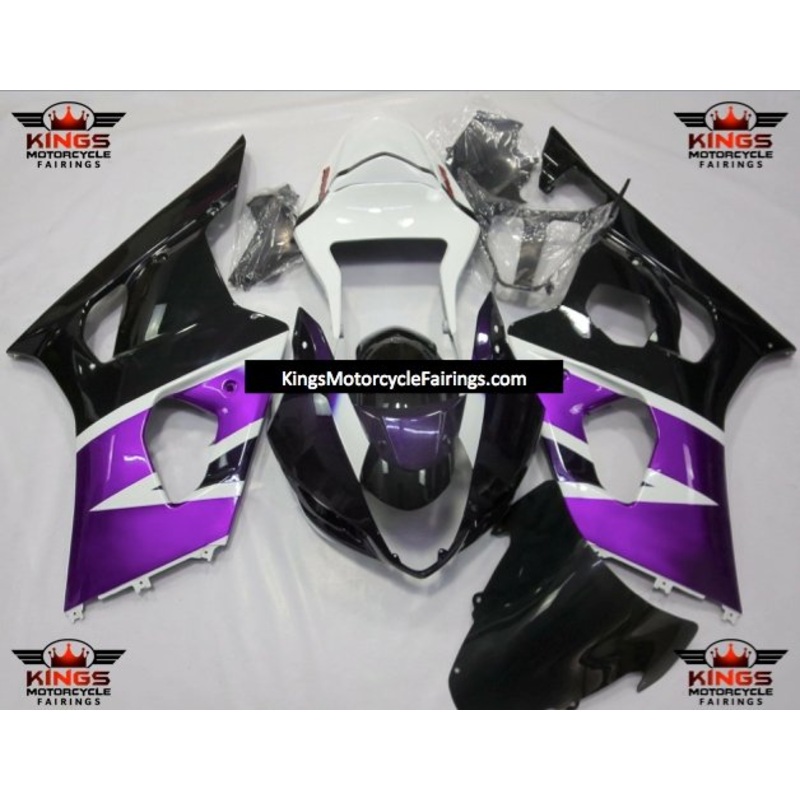 Suzuki GSXR1000 (2003-2004) Purple, White & Black Fairings Clear Windscreen: Free No Seat Cowl No Bolt Kit
