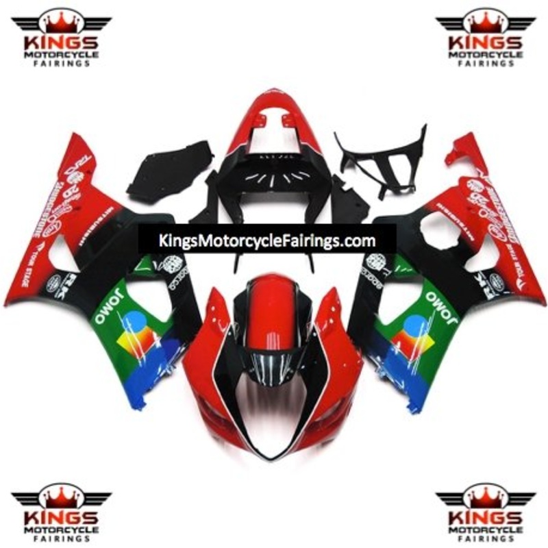 Suzuki GSXR1000 (2003-2004) Red, Black & Green JOMO Fairings Clear Windscreen: Free No Seat Cowl No Bolt Kit