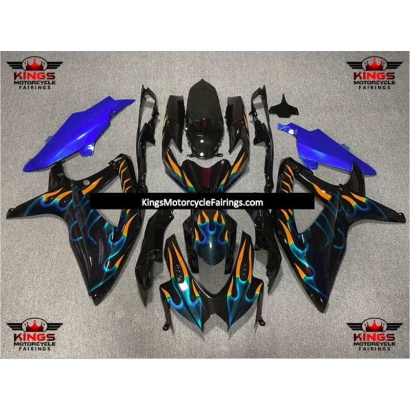 Suzuki GSXR750 (2008-2010) Black, Blue & Orange Flame Fairings No Seat Cowl No Bolt Kit No Tank