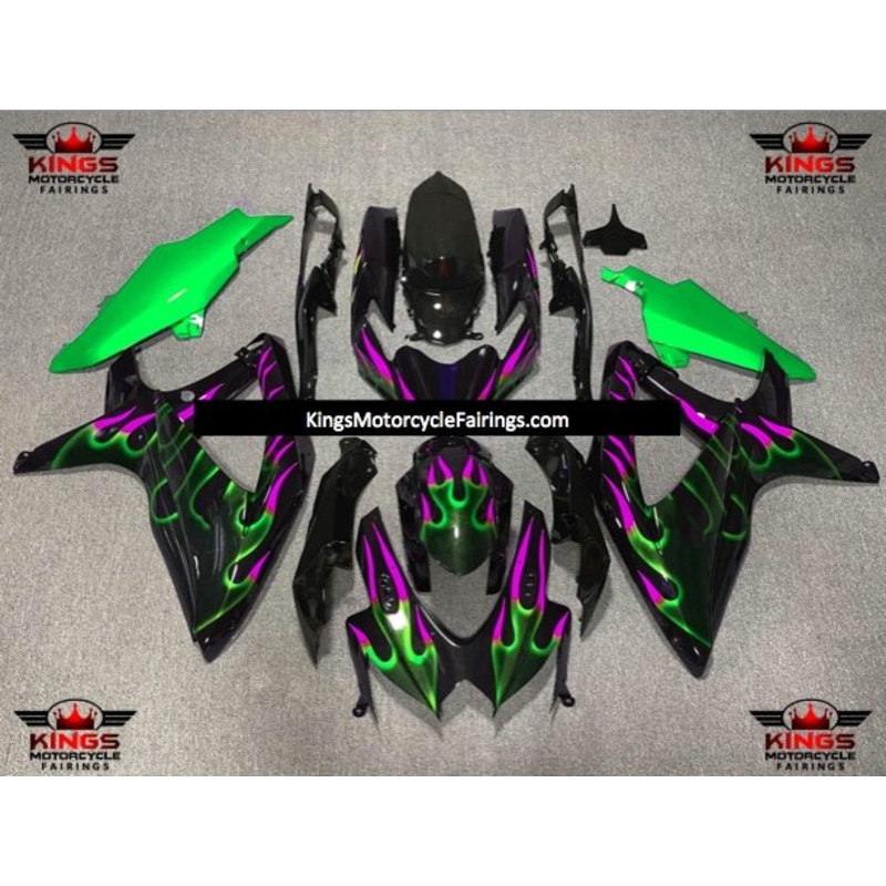 Suzuki GSXR750 (2008-2010) Black, Green & Purple Flame Fairings No Seat Cowl No Bolt Kit No Tank