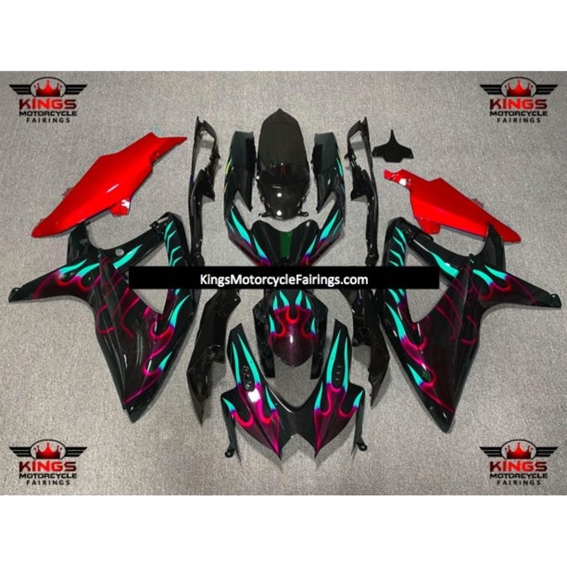 Suzuki GSXR750 (2008-2010) Black, Red & Turquoise Flame Fairings No Seat Cowl No Bolt Kit No Tank