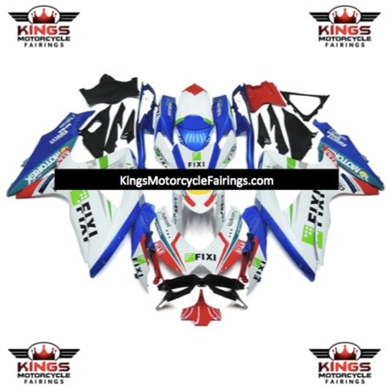 Suzuki GSXR750 (2008-2010) White, Blue, Red & Green Fixi Fairings No Seat Cowl No Bolt Kit No Tank