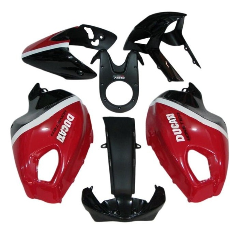 DUCATI MONSTER 696/796/1100 (2009-2016) Red, Black, White Stripe Fairings Clear Windscreen: Free No Bolt Kit