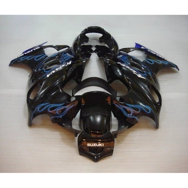 Suzuki GSX600F Katana Fairings (1998-2006) Black, Blue Flames Clear Windscreen: Free Bolt Kit: No