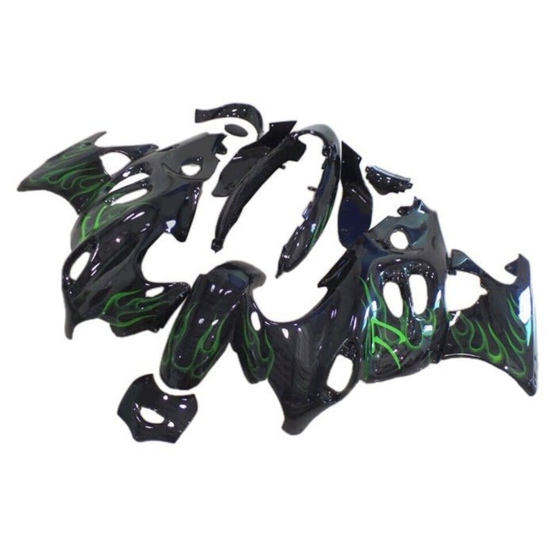 Suzuki GSX600F Katana Fairings (1998-2006) Black, Green Flames Clear Windscreen: Free Bolt Kit: No