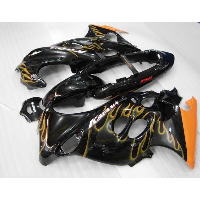 Suzuki GSX750F Katana Fairings (1998-2006) Black, Orange, Flames Clear Windscreen: Free Bolt Kit: No