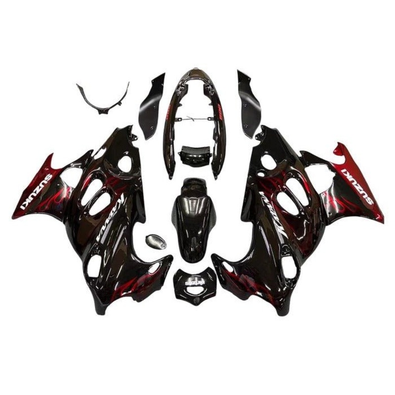 Suzuki GSX750F Katana Fairings (1998-2006) Black, Red Flames Clear Windscreen: Free Bolt Kit: No