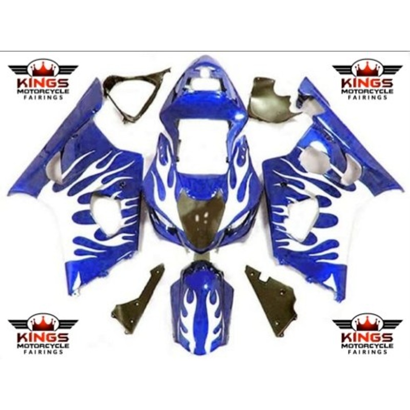 Suzuki GSXR1000 (2003-2004) Blue & White Flame Fairings Clear Windscreen: Free No Seat Cowl No Bolt Kit