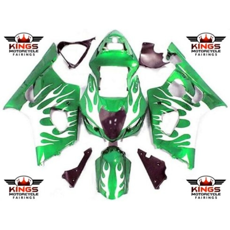 Suzuki GSXR1000 (2003-2004) Green & White Flame Fairings Clear Windscreen: Free No Seat Cowl No Bolt Kit