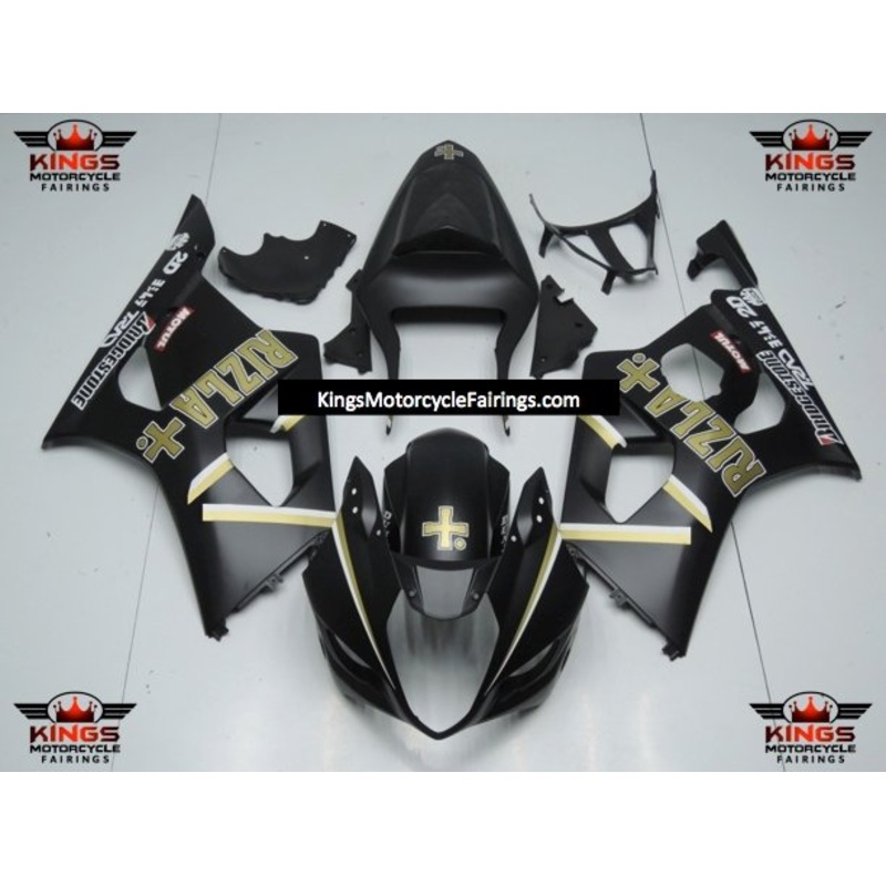 Suzuki GSXR1000 (2003-2004) Matte Black & Gold Rizla Fairings Clear Windscreen: Free No Seat Cowl No Bolt Kit