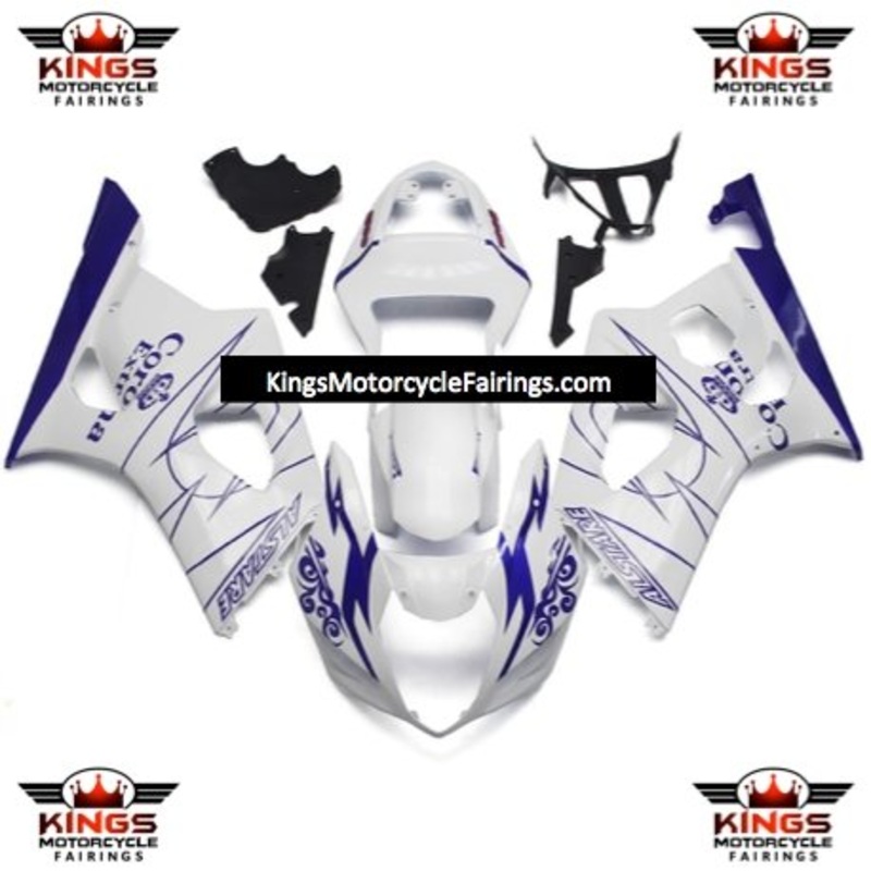 Suzuki GSXR1000 (2003-2004) White & Blue Corona Fairings Clear Windscreen: Free No Seat Cowl No Bolt Kit