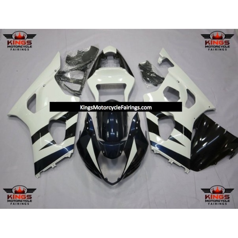 Suzuki GSXR1000 (2003-2004) White & Dark Blue Fairings Clear Windscreen: Free No Seat Cowl No Bolt Kit