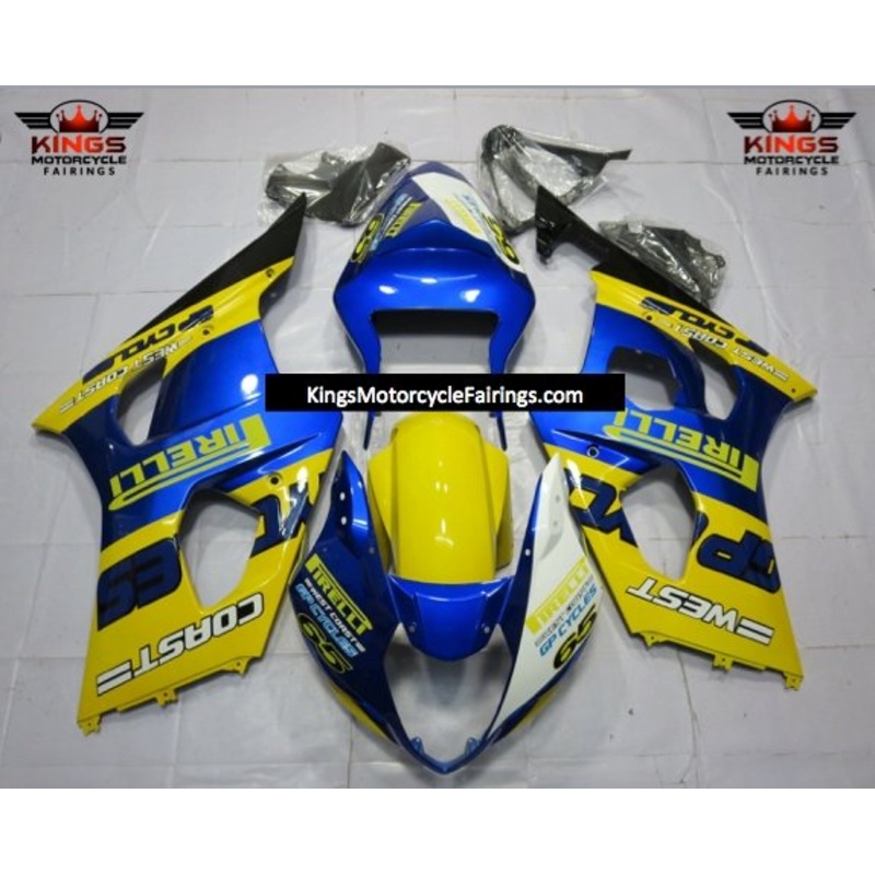 Suzuki GSXR1000 (2003-2004) Yellow, Blue & White Pirelli Fairings Clear Windscreen: Free No Seat Cowl No Bolt Kit