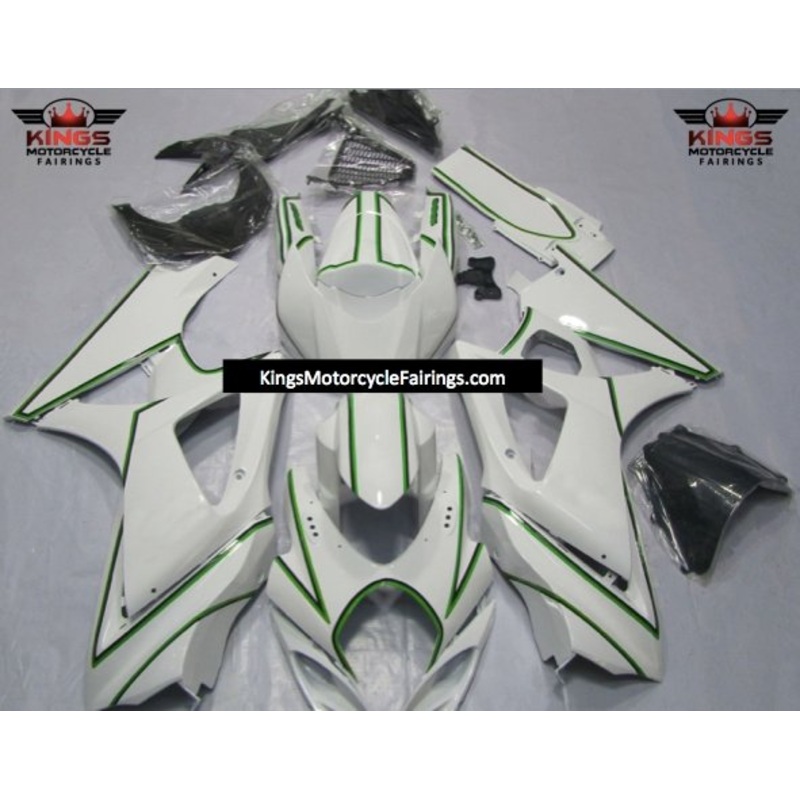 Suzuki GSXR1000 (2007-2008) White, Green & Black Pinstripe Fairings No Seat Cowl No Bolt Kit No Tank