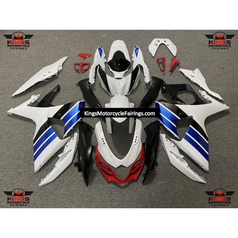 Suzuki GSXR1000 (2009-2016) White, Blue, Black & Red Fairings Clear Windscreen: Free No Seat Cowl No Bolt Kit