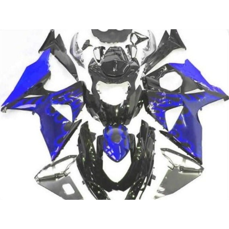 Suzuki GSXR1000 (2009-2016) Black & Blue Flame Fairings Clear Windscreen: Free No Seat Cowl No Bolt Kit