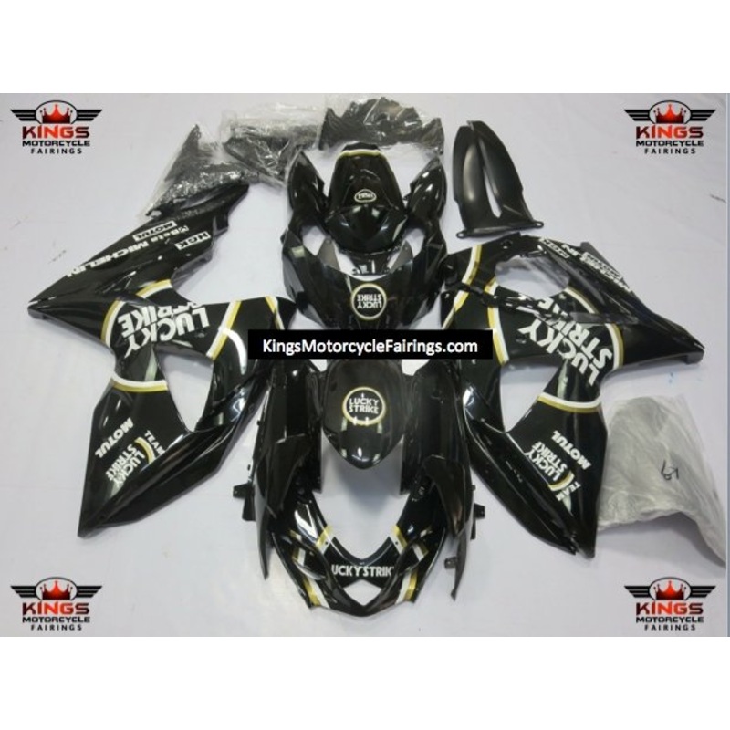 Suzuki GSXR1000 (2009-2016) Black, Gold & White Lucky Strike Fairings Clear Windscreen: Free No Seat Cowl No Bolt Kit