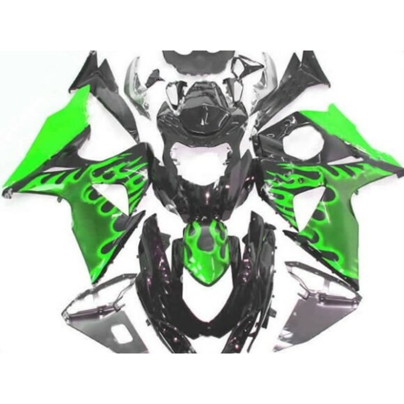 Suzuki GSXR1000 (2009-2016) Black & Green Flame Fairings Clear Windscreen: Free No Seat Cowl No Bolt Kit