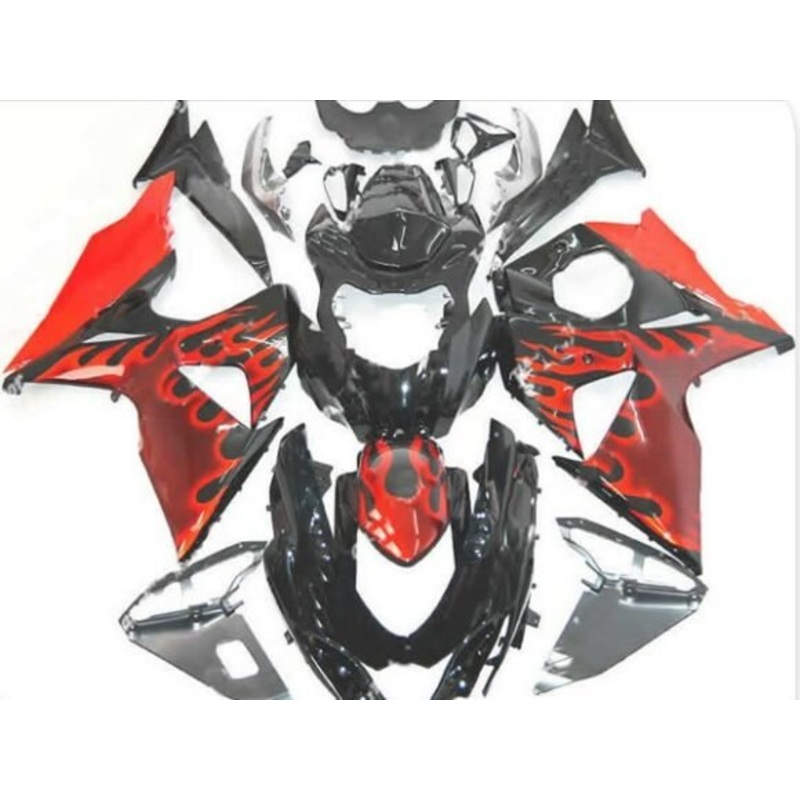 Suzuki GSXR1000 (2009-2016) Black & Red Flame Fairings Clear Windscreen: Free No Seat Cowl No Bolt Kit