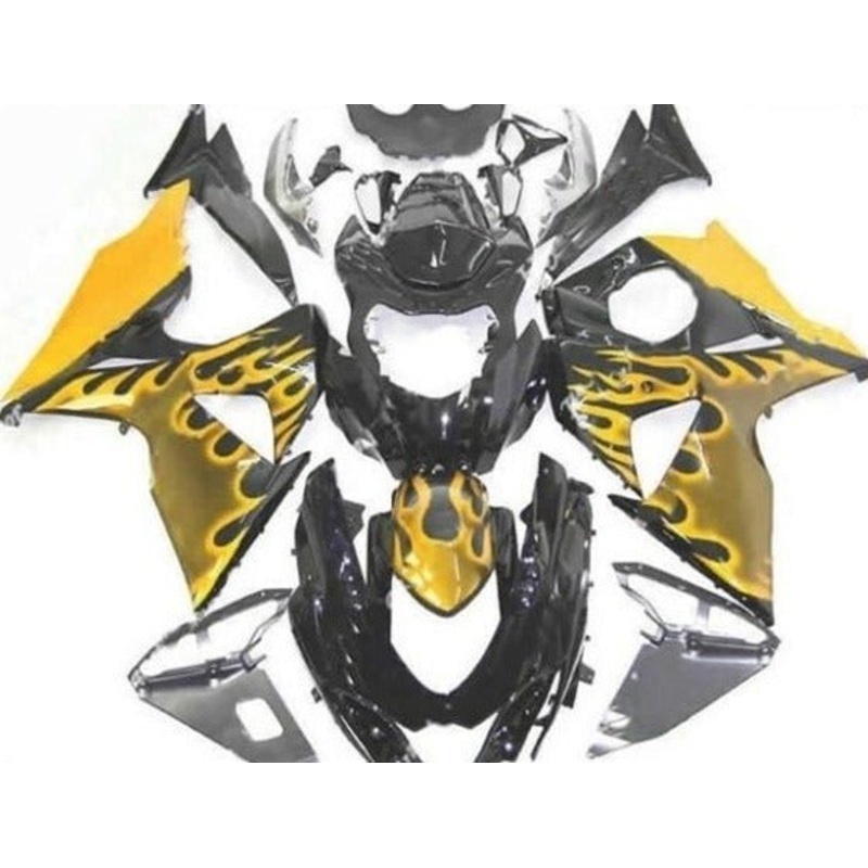 Suzuki GSXR1000 (2009-2016) Black & Yellow Flame Fairings Clear Windscreen: Free No Seat Cowl No Bolt Kit