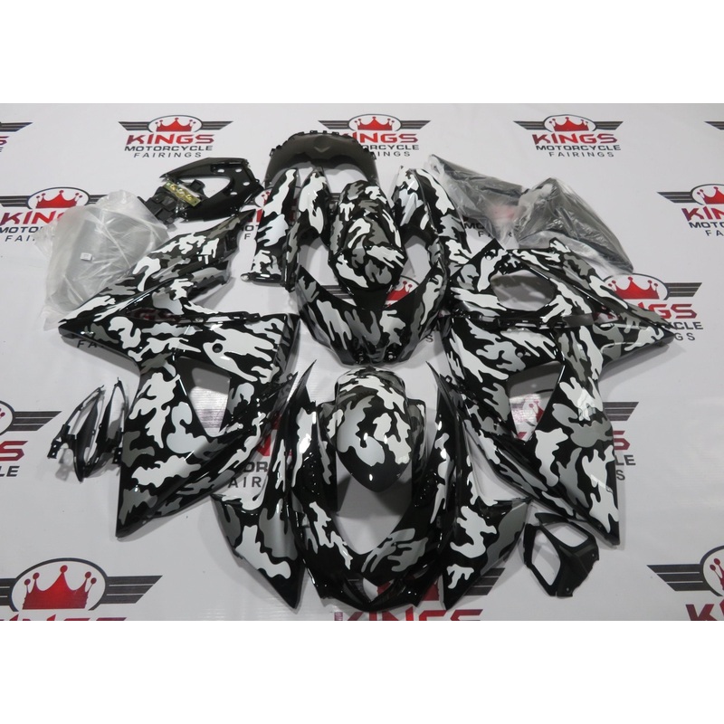 Suzuki GSXR1000 (2009-2016) Camouflage Black, White & Gray Fairings Clear Windscreen: Free No Seat Cowl No Bolt Kit