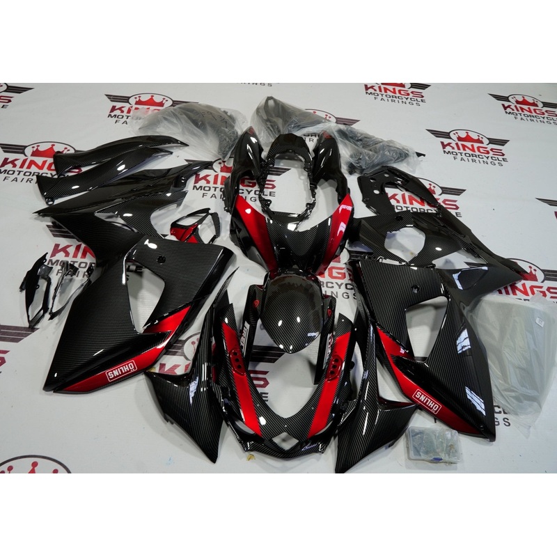 Suzuki GSXR1000 (2009-2016) Faux Carbon Fiber, Red Fairings Clear Windscreen: Free No Seat Cowl No Bolt Kit