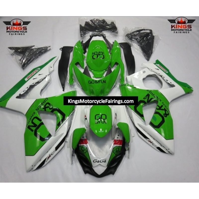 Suzuki GSXR1000 (2009-2016) Green & White Go&Fun Fairings Clear Windscreen: Free No Seat Cowl No Bolt Kit