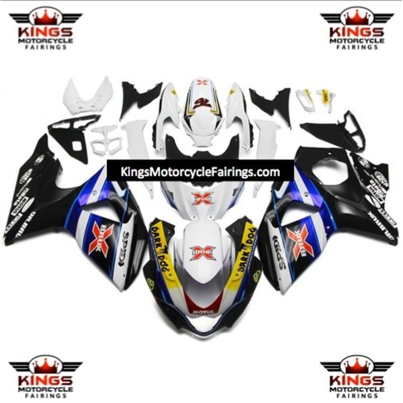 Suzuki GSXR1000 (2009-2016) White, Black & Blue Dark Dog Fairings Clear Windscreen: Free No Seat Cowl No Bolt Kit