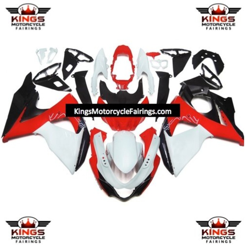 Suzuki GSXR1000 (2009-2016) White, Black & Red Fairings Clear Windscreen: Free No Seat Cowl No Bolt Kit