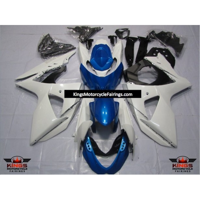 Suzuki GSXR1000 (2009-2016) White & Blue Fairings Clear Windscreen: Free No Seat Cowl No Bolt Kit