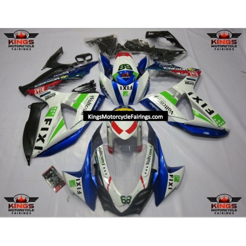 Suzuki GSXR1000 (2009-2016) White, Blue & Green Fixi Fairings Clear Windscreen: Free No Seat Cowl No Bolt Kit