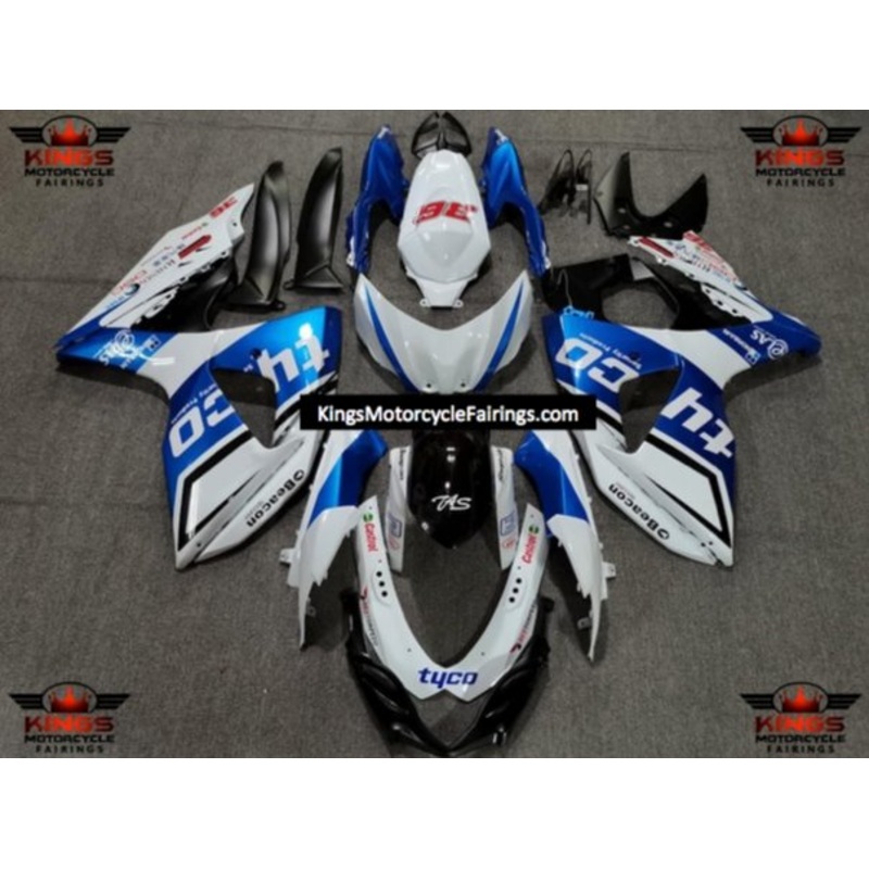Suzuki GSXR1000 (2009-2016) White & Blue Tyco Fairings Clear Windscreen: Free No Seat Cowl No Bolt Kit