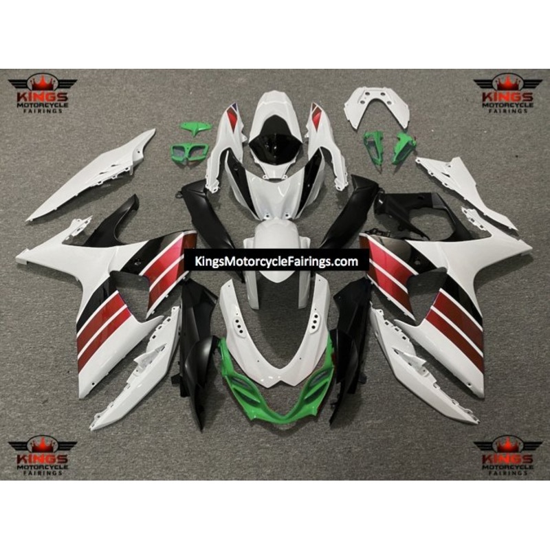 Suzuki GSXR1000 (2009-2016) White, Red, Black & Green Fairings Clear Windscreen: Free No Seat Cowl No Bolt Kit