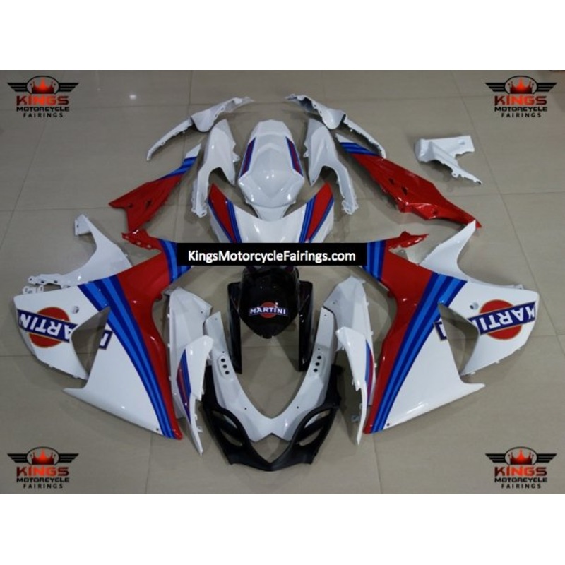 Suzuki GSXR1000 (2009-2016) White, Red, Blue & Black Martini Fairings Clear Windscreen: Free No Seat Cowl No Bolt Kit