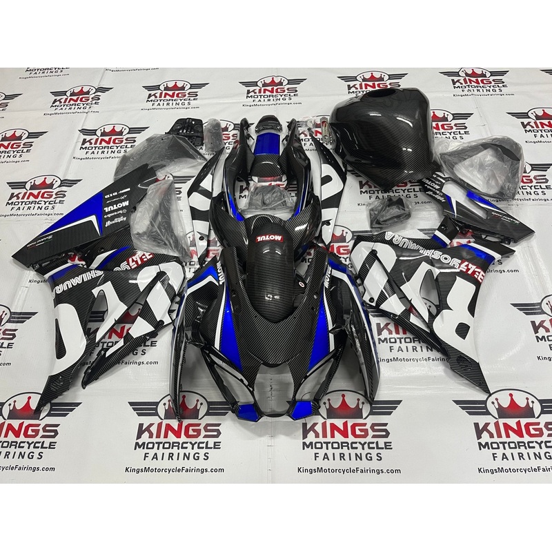 Suzuki GSXR1000 (2017-2025) Faux Carbon Fiber, Blue, White Fairings No Tank No Seat Cowl No Bolt Kit
