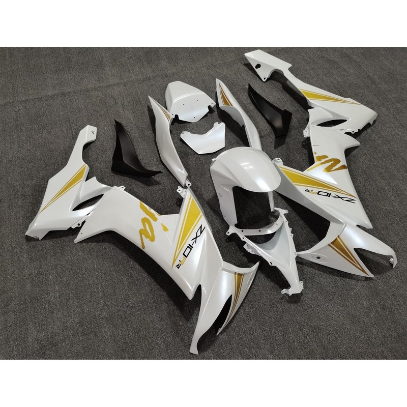 Fairing kit for a Kawasaki Ninja ZX10R (2008-2010) Pearl White, Gold Clear Windscreen: Free No Seat Cowl No Bolt Kit