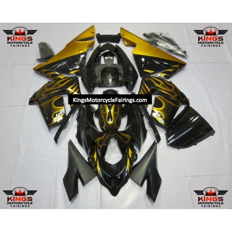 Fairing kit for a Kawasaki ZX10R (2004-2005) Black & Yellow Flames No Seat Cowl No Bolt Kit No Tank