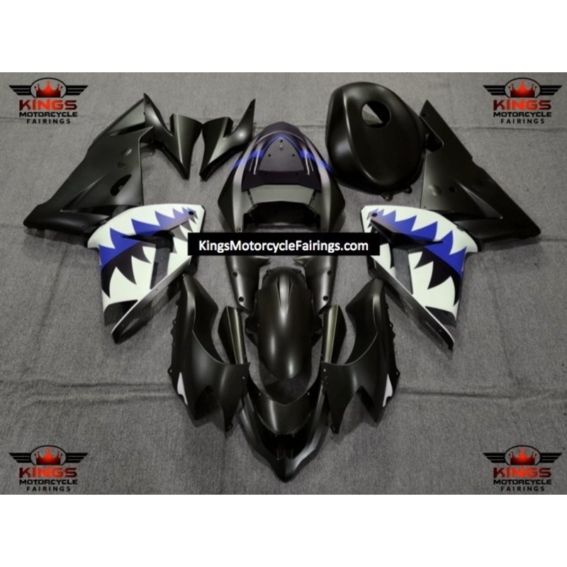 Fairing kit for a Kawasaki ZX10R (2004-2005) Matte Black, Blue & White Shark Teeth No Seat Cowl No Bolt Kit No Tank