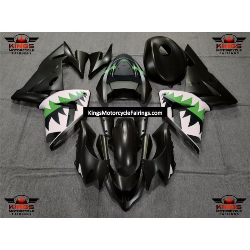 Fairing kit for a Kawasaki ZX10R (2004-2005) Matte Black, Green & White Shark Teeth No Seat Cowl No Bolt Kit No Tank